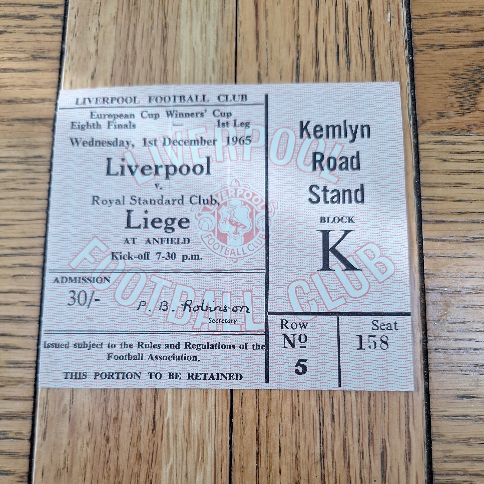 Liverpool v Standard Liege 1965 Cup Winners Cup ticket stub  for sale on Ebay