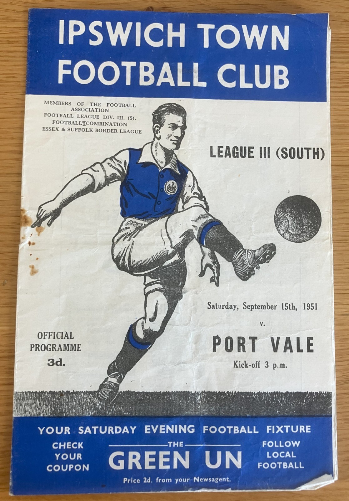Ipswich Town v Port Vale 15th September 1951 for sale on Ebay