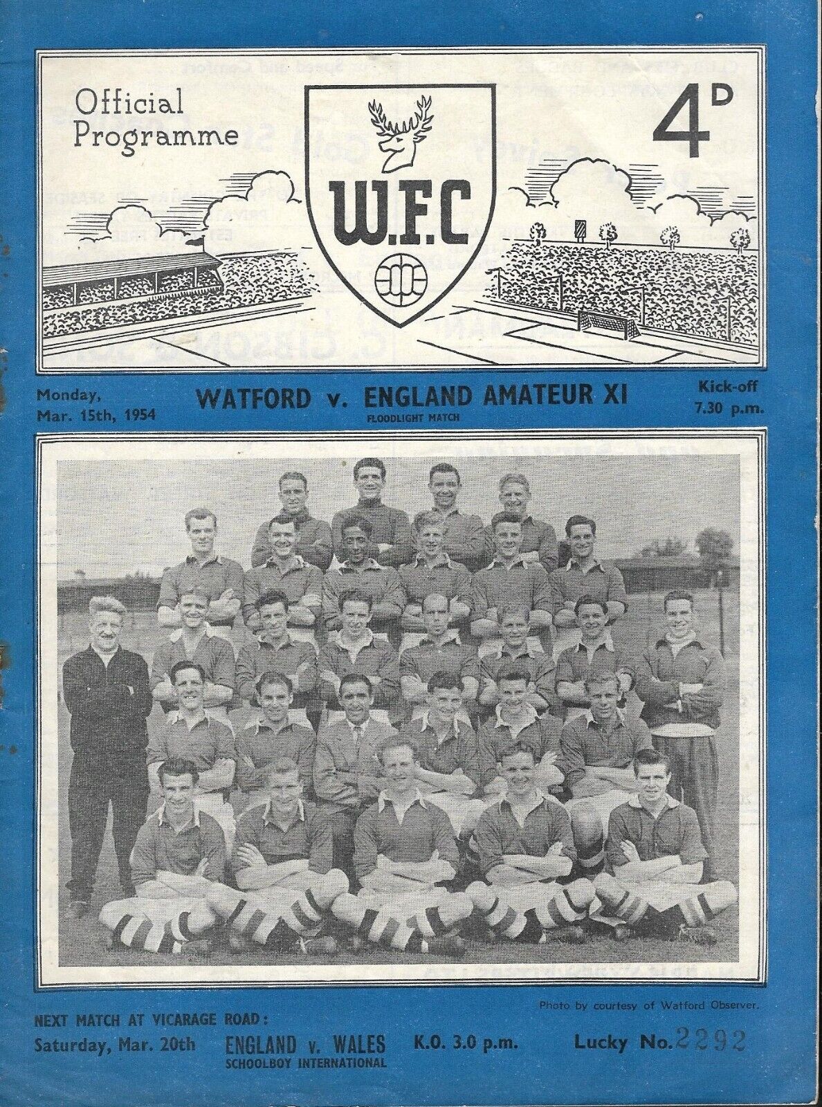 Watford v England Amateur XI. Friendly Match. 1953-1954 for sale on Ebay