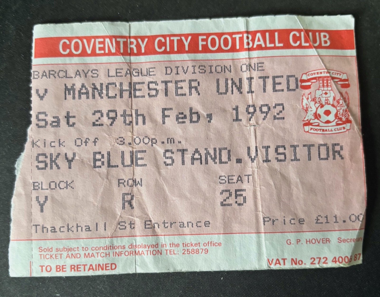 Coventry City v Manchester United ticket sub 29th February 1992 Division One for sale on Ebay
