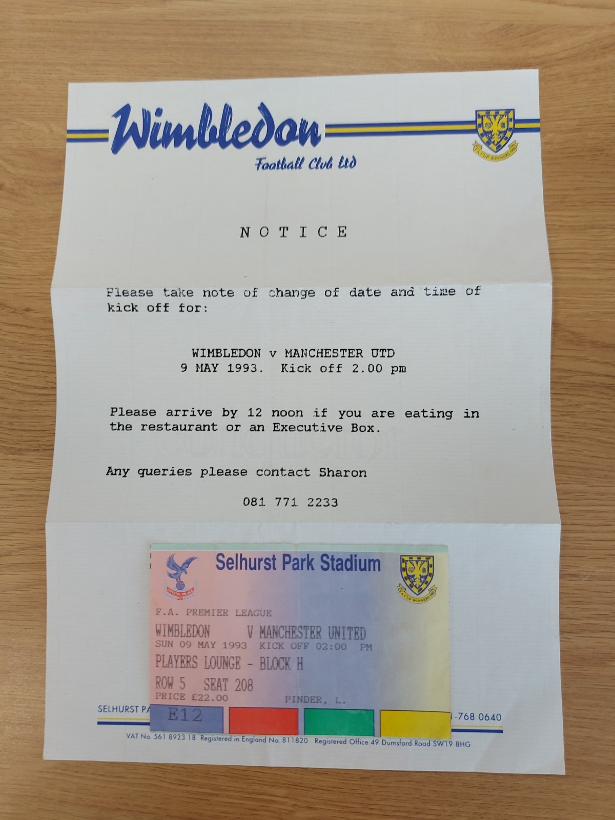 STUB WIMBLEDON v MANCHESTER UNITED AND LETTER 1993 for sale on Ebay