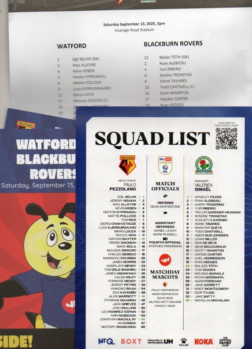 WATFORD V BLACKBURN ROVERS 25/26 TEAM SHEET + EXTRAS for sale on Ebay
