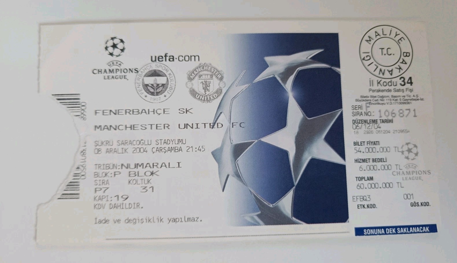 TICKET COLLECTORS: FENERBAHCE  - MANCHESTER UNITED EUROPEAN CUP 2004 for sale on Ebay