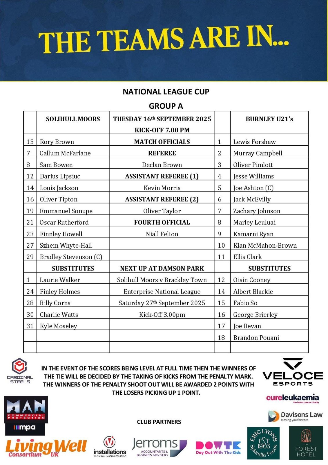 OFFICIAL TEAMSHEET-SOLIHULL MOORS V BURNLEY U21- NATIONAL LEAGUE CUP- 2025 for sale on Ebay