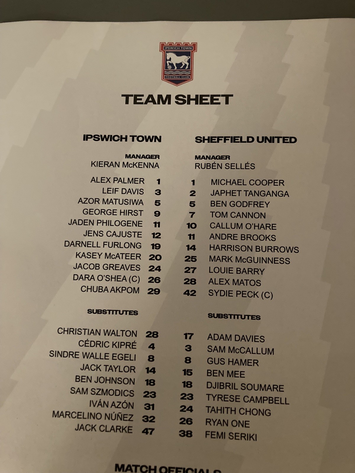 Ipswich Town v Sheffield United team sheet 12/09/2025 SkyBet Championship for sale on Ebay
