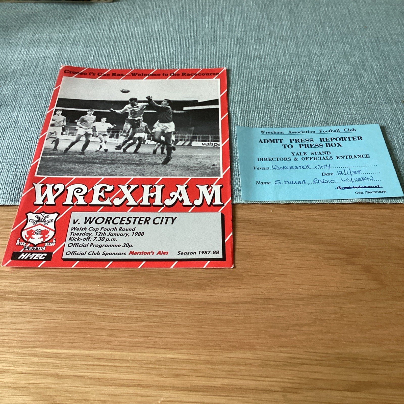 1987/88 Wrexham v Worcester City. Plus press reporter ticket. Welsh cup for sale on Ebay