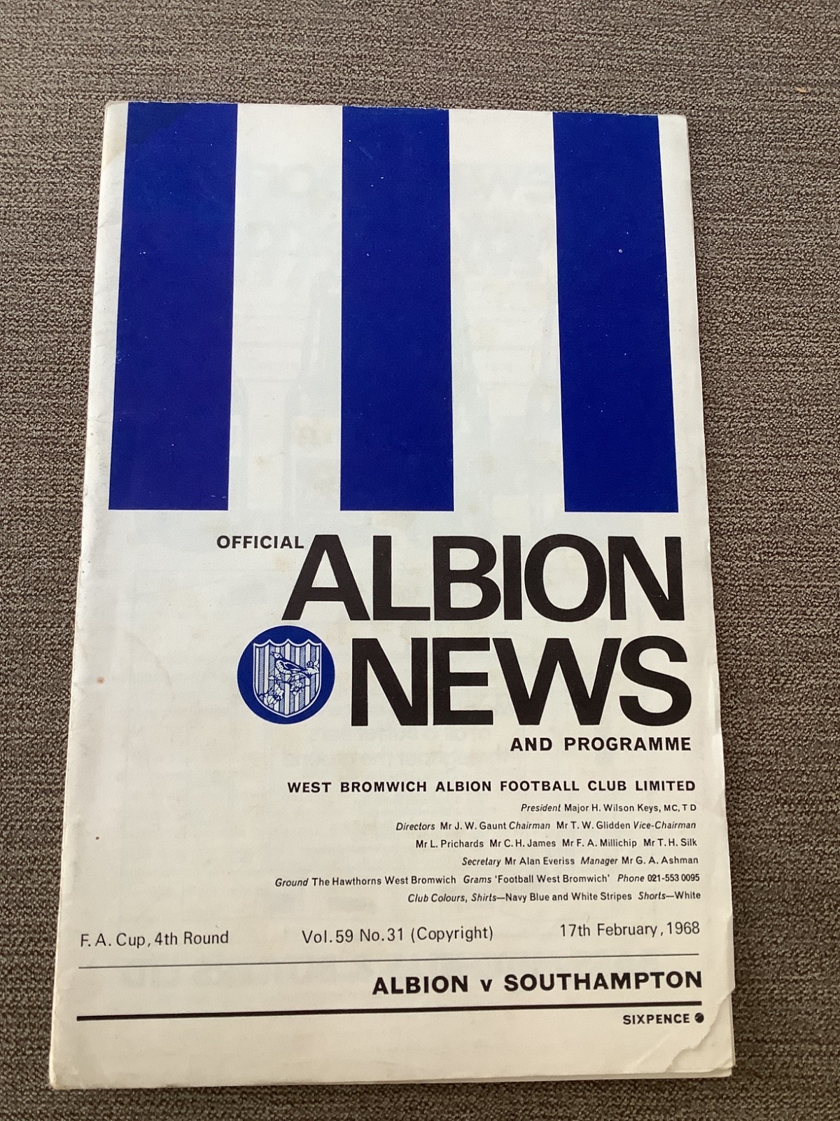 17 February 1968 West Bromwich Albion v Southampton WBA FAC Winners for sale on Ebay