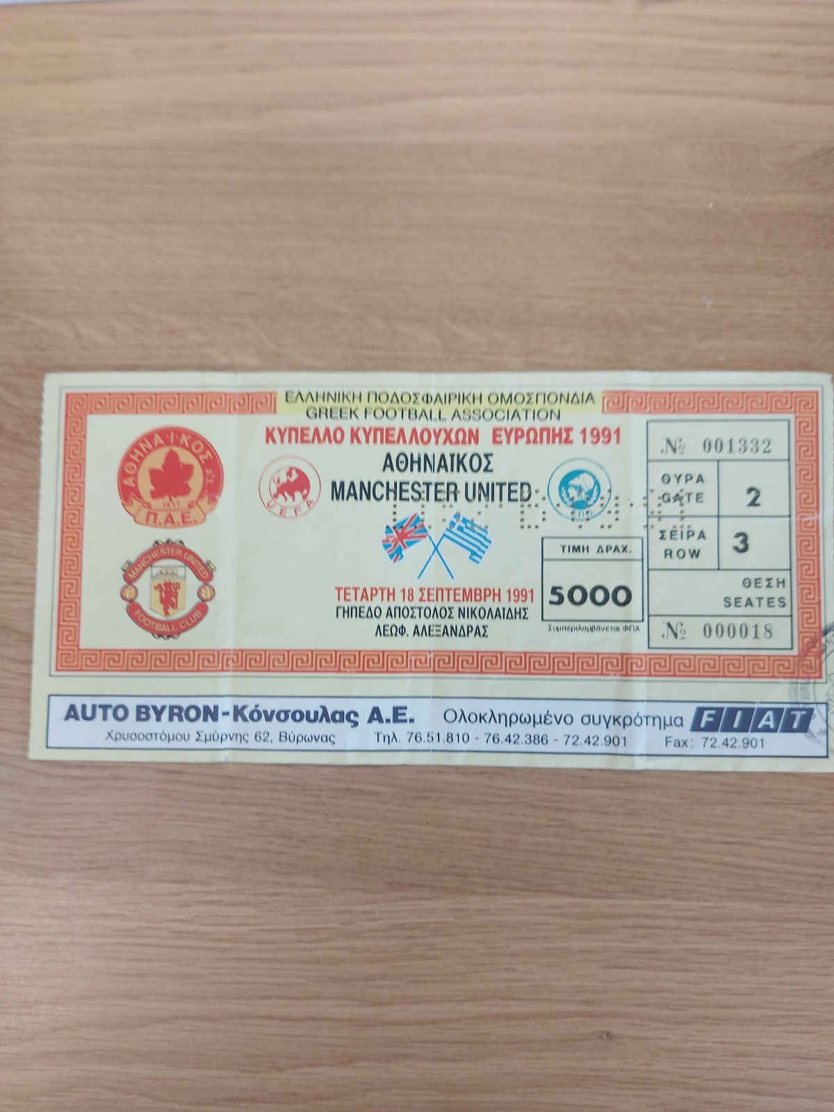 TICKET PAE ATHINAIKOS v MANCHESTER UNITED 1991 ECWC for sale on Ebay