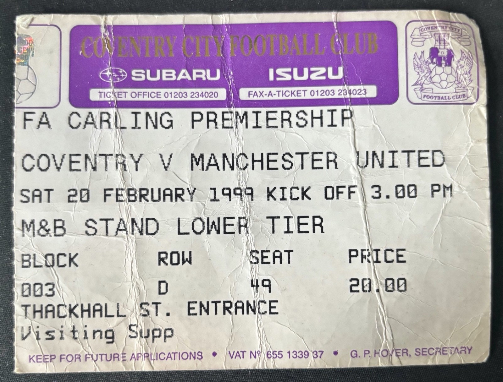 Coventry v Manchester United ticket stub 20th February 1999 Premier League for sale on Ebay