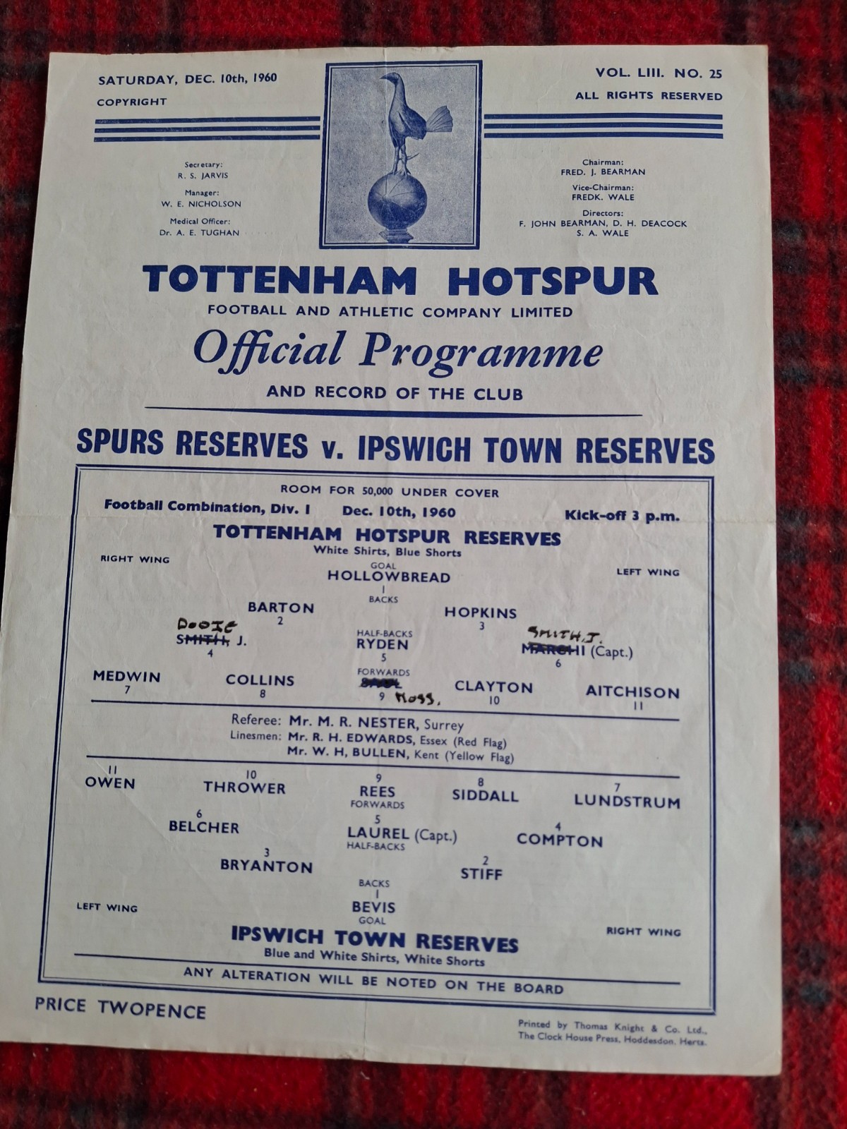 TOTTENHAM RESERVES V IPSWICH RESERVES 1960-61 DOUBLE SEASON for sale on Ebay