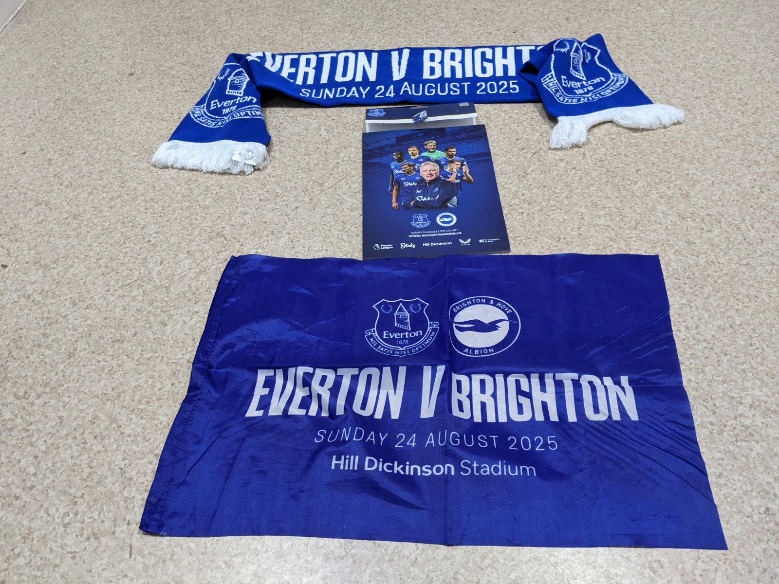  EVERTON v BRIGHTON OFFICIAL  FLAG, PROGRAMME & OFFICIAL SCARF 24/8/2025 UNUSED  for sale on Ebay