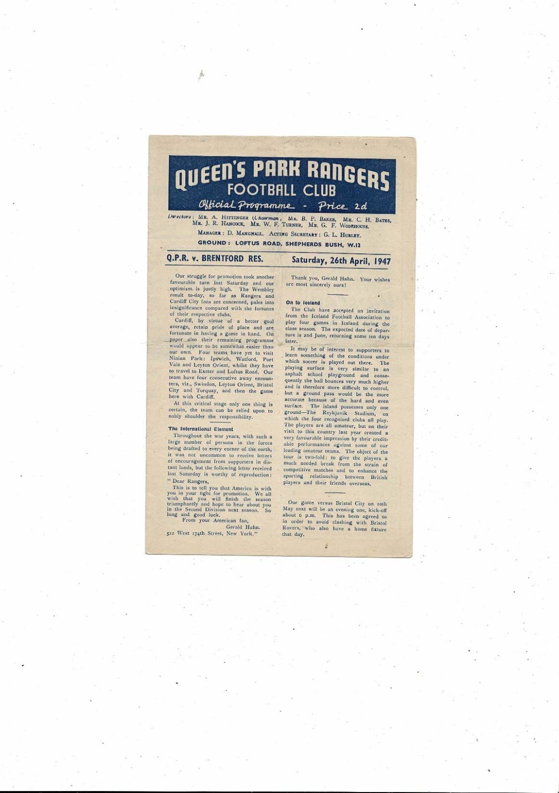 Queens Park Rangers v Brentford Football Combination Football Programme 1946/47 for sale on Ebay