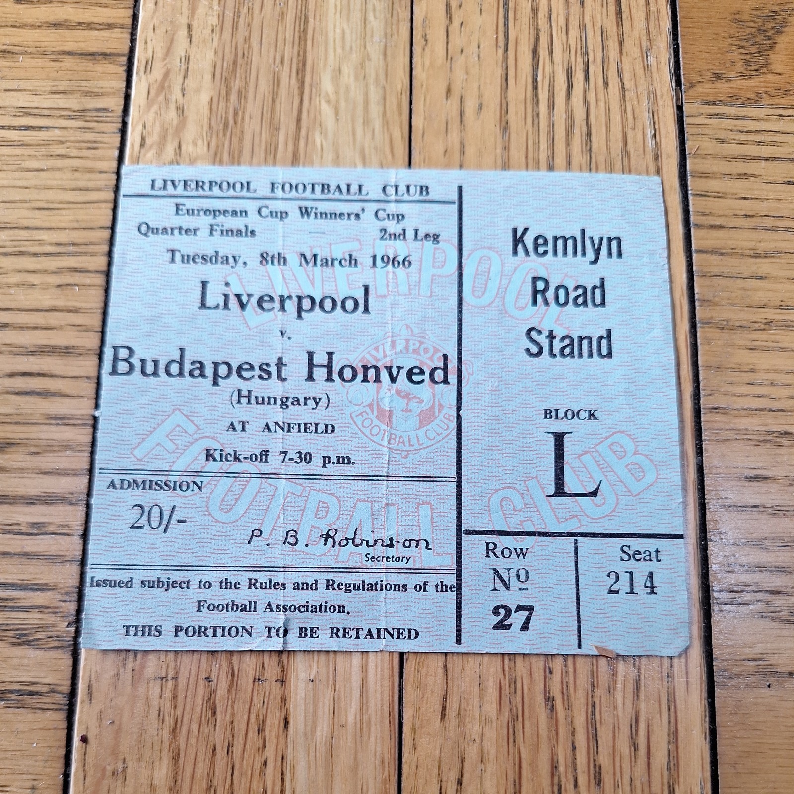 Liverpool v Budapest Honved 1966 Cup Winners Cup 1/4 Final ticket stub  for sale on Ebay