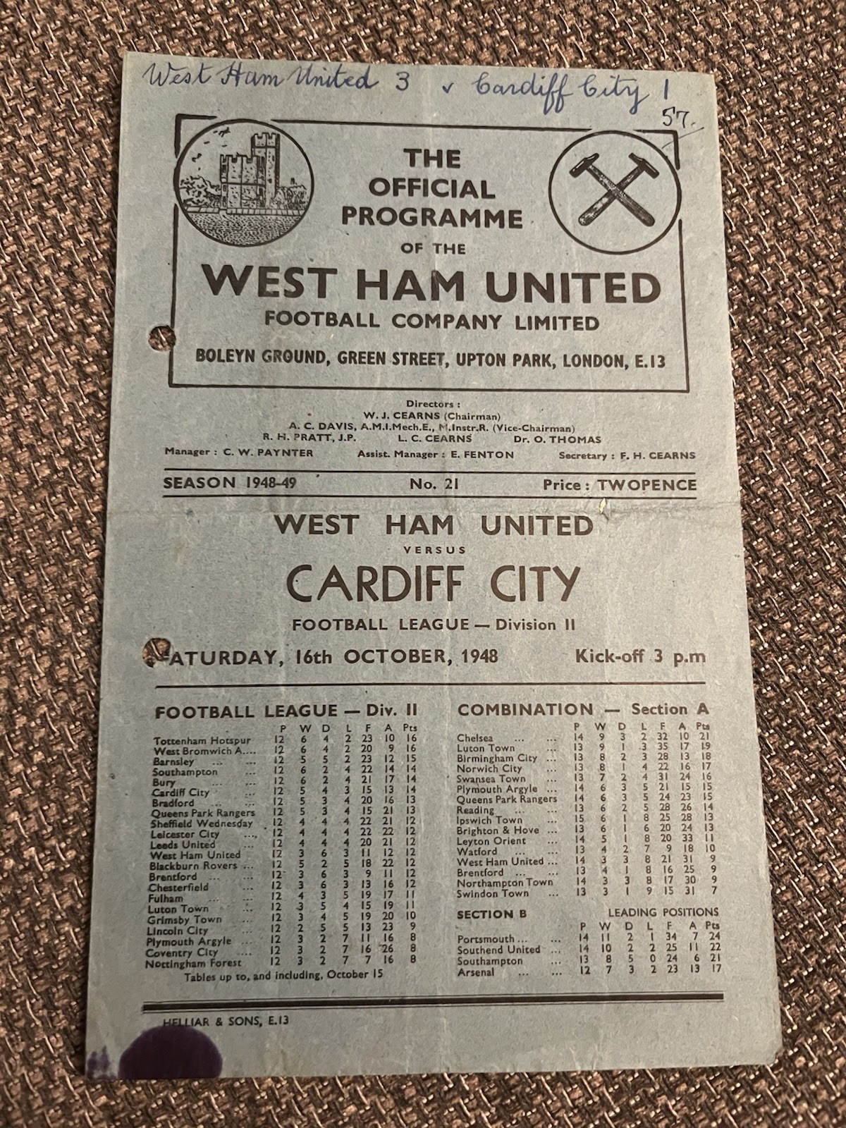 West Ham United v Coventry City 1948/1949 - Football Programme 13/9/1948 (27) for sale on Ebay