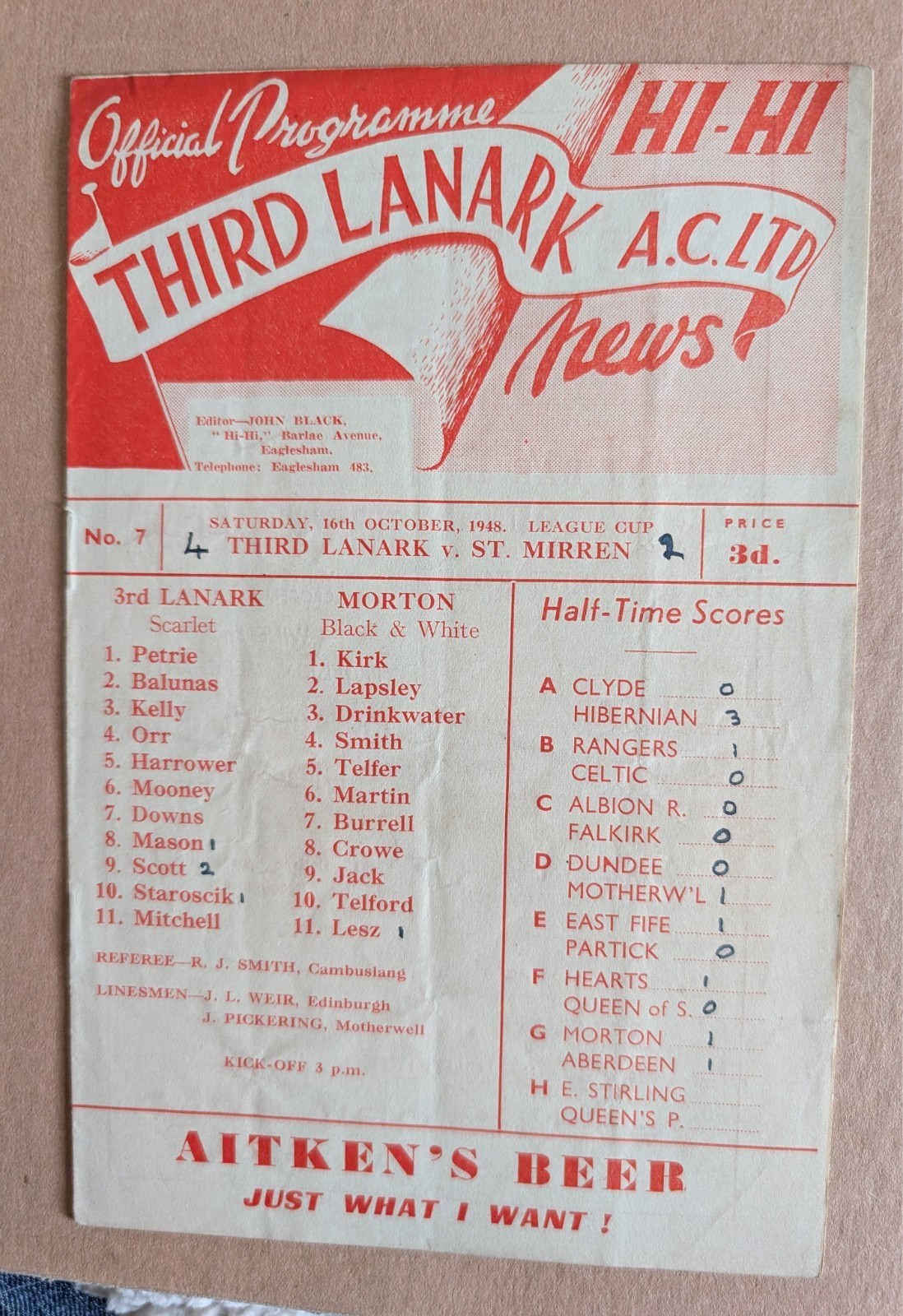 Third Lanark v St Mirren 1948 Rare League Cup October for sale on Ebay