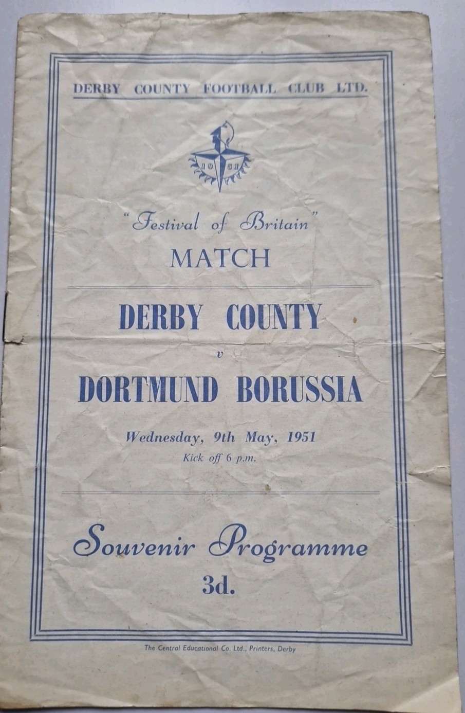DERBY COUNTY  v  BORUSSIIA DORTMUND FESTIVAL OF BRITAIN  1951 for sale on Ebay