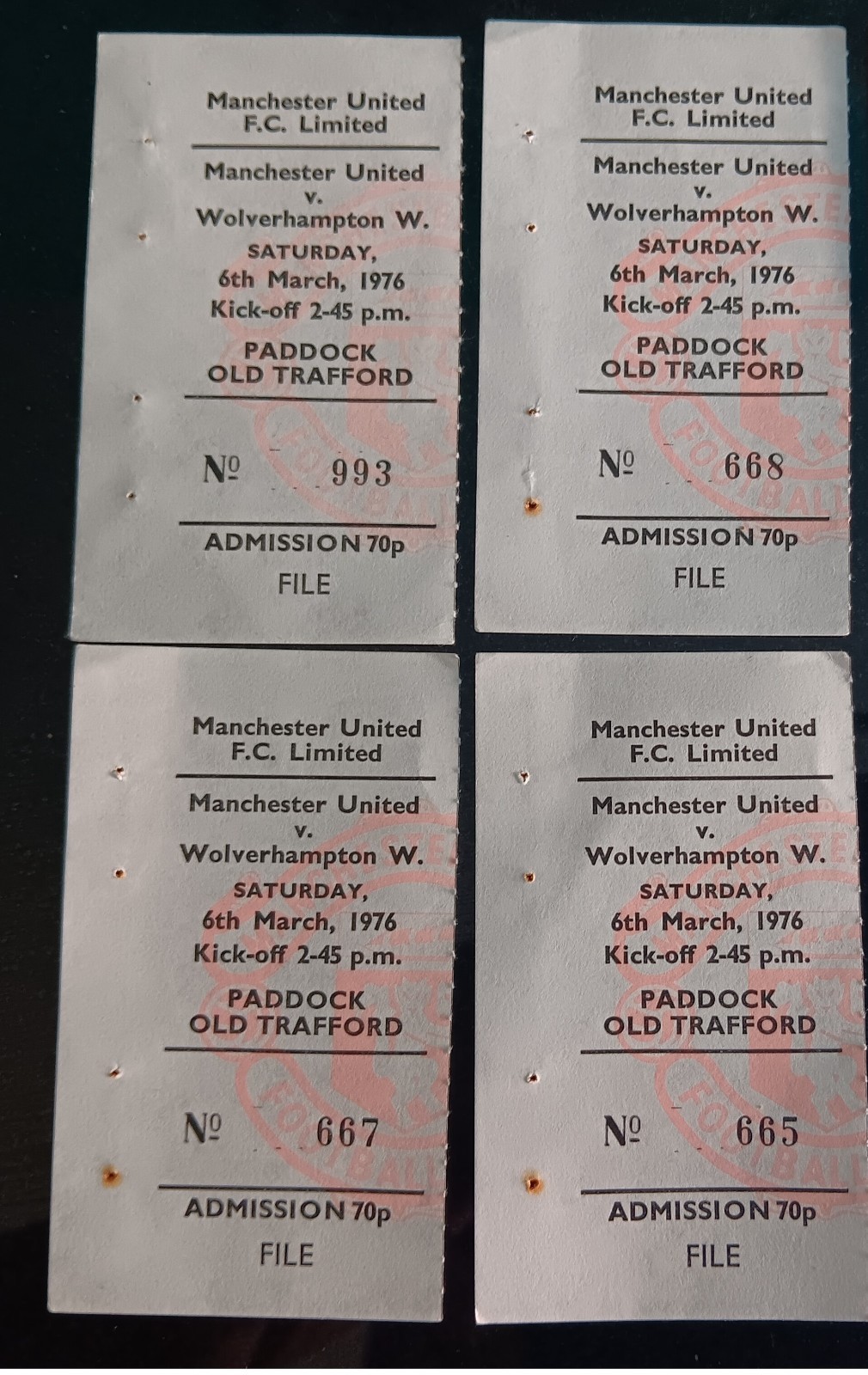 MANCHESTER UNITED v WOLVES FA CUP TICKET COUNTERFOIL 4 Tickets Stubs 1975/1976 for sale on Ebay