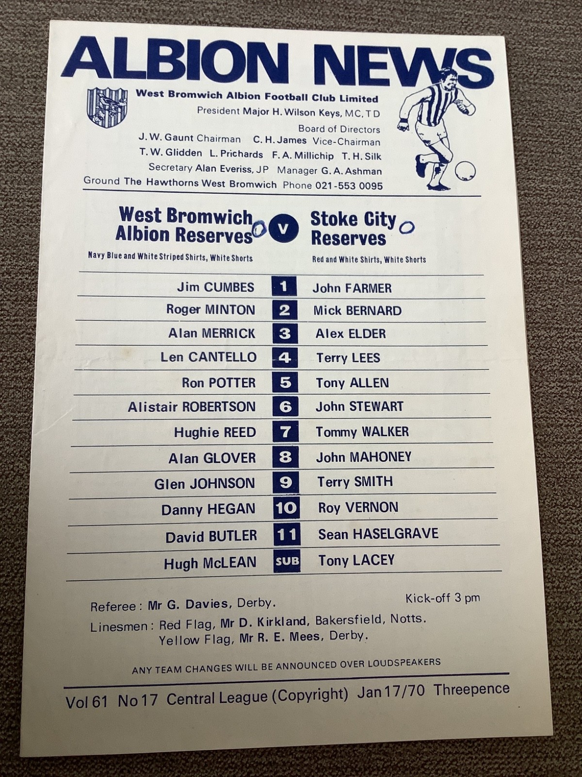 17 January 1970 West Bromwich Albion Reserves v Stoke City Reserves for sale on Ebay