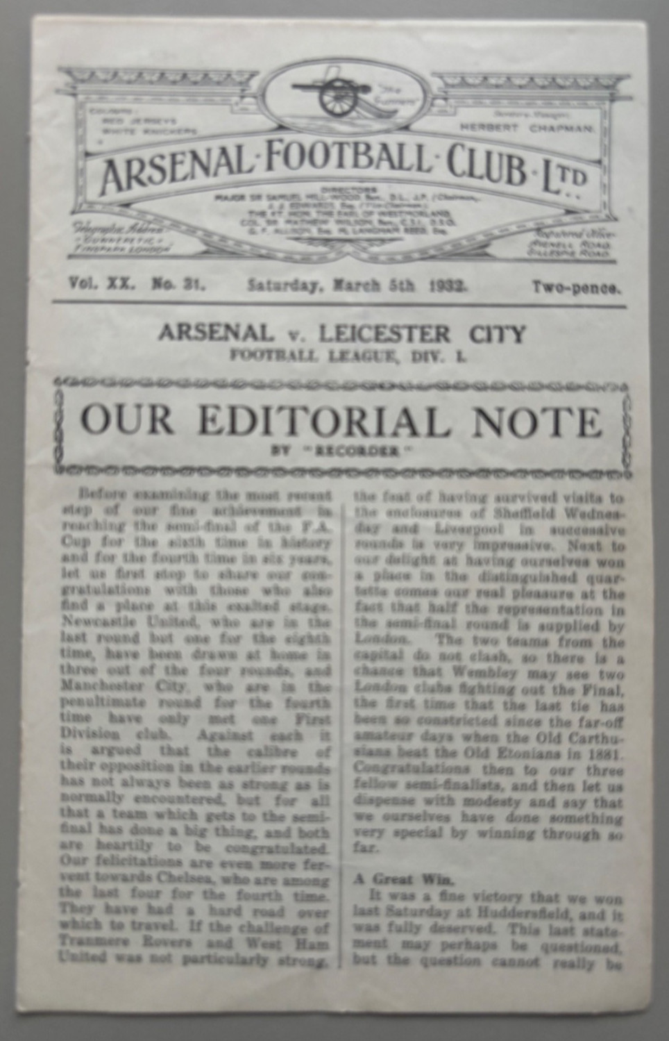 1931/32 Arsenal v Leicester City League Division 1 w/o red cover for sale on Ebay