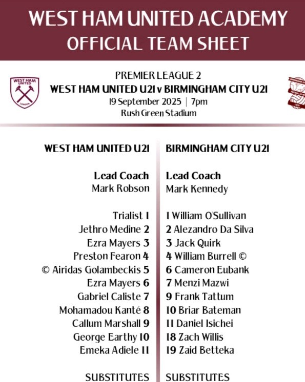 West Ham Utd u21s v Birmingham city u21s Official Colour Team Sheet 19/9/25 for sale on Ebay