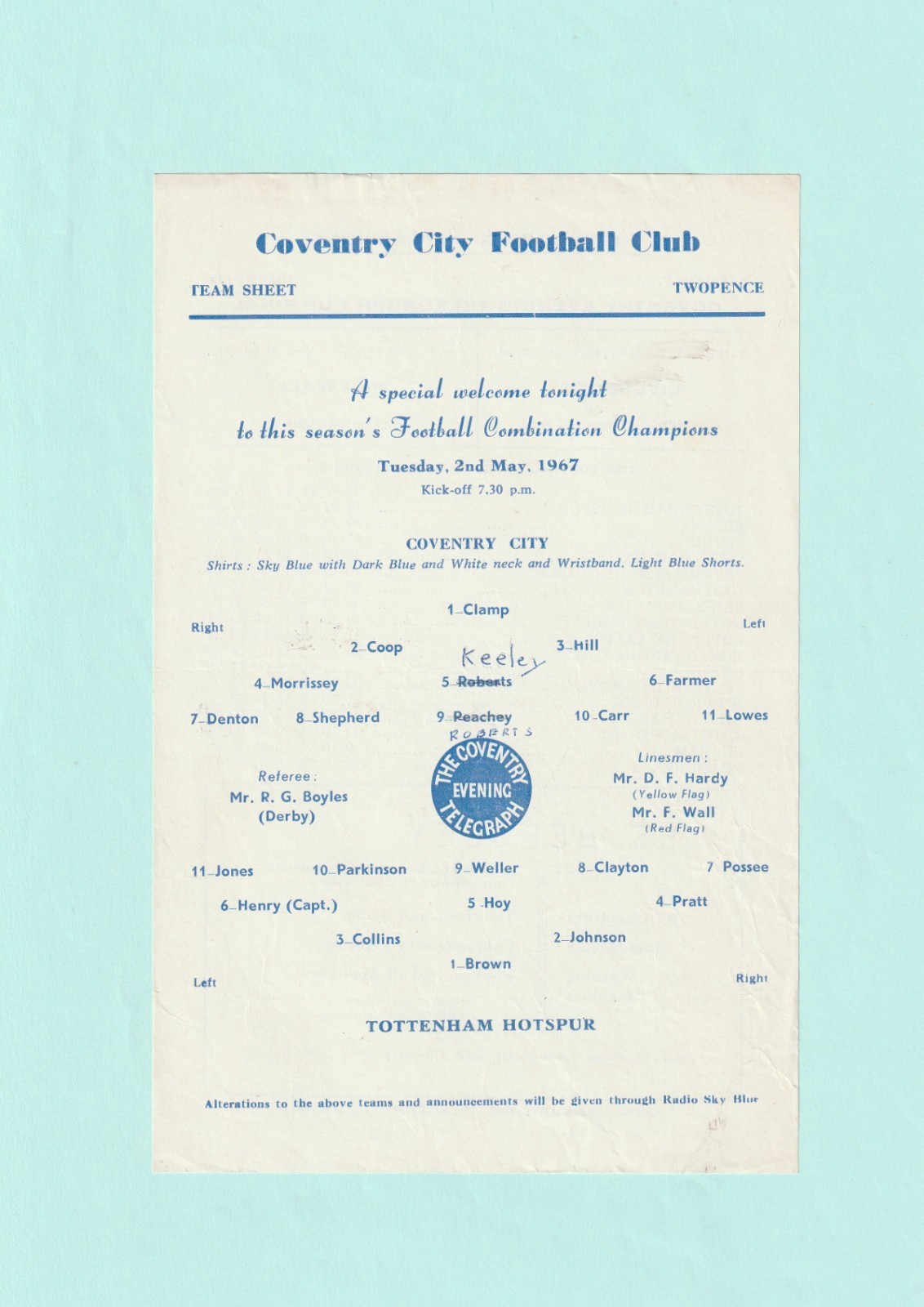 1966-1967 FOOTBALL COMBINATION : COVENTRY CITY v TOTTENHAM / SPURS RESERVES for sale on Ebay