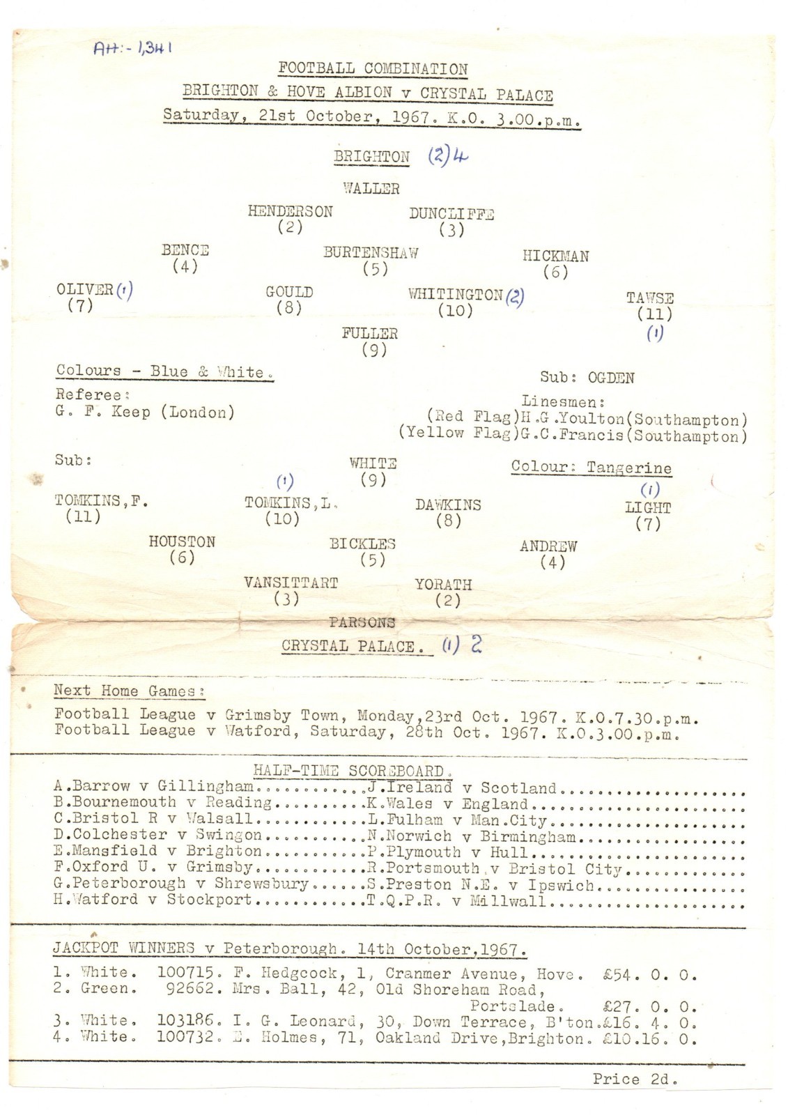Brighton & Hove Res v Crystal Palace Res 1967 - 1968  Oct21 for sale on Ebay