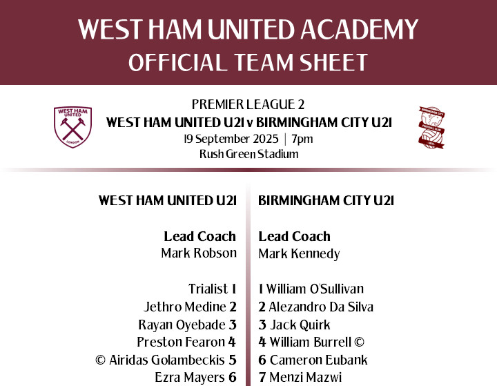 West Ham u21s v Birmingham city u21s Official  Team Sheet 19/9/25 Version 2 for sale on Ebay