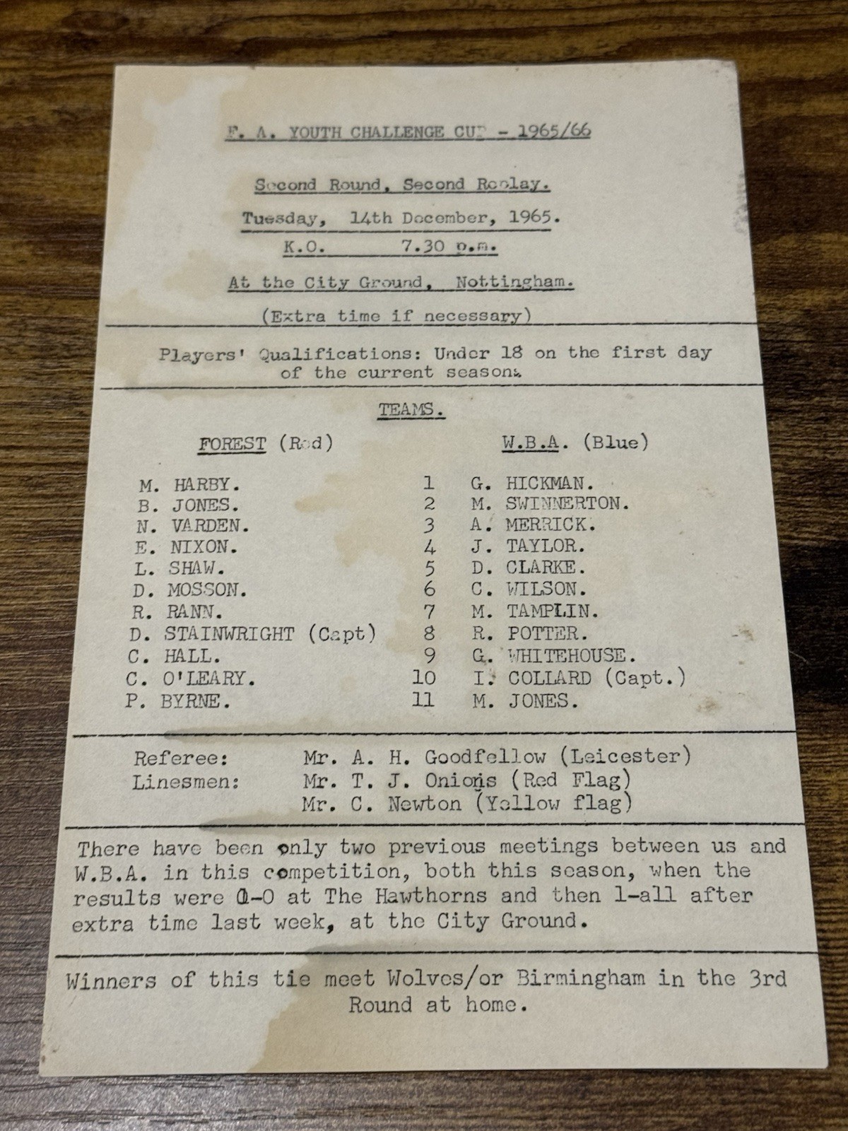65/66   FA YOUTH CUP Replay Nottingham Forest   WBA WEST BROM Football Programme for sale on Ebay