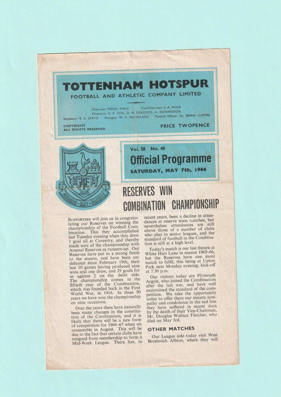 1965-1966 FOOTBALL COMBINATION : TOTTENHAM / SPURS v PLYMOUTH ARGYLE RESERVES for sale on Ebay