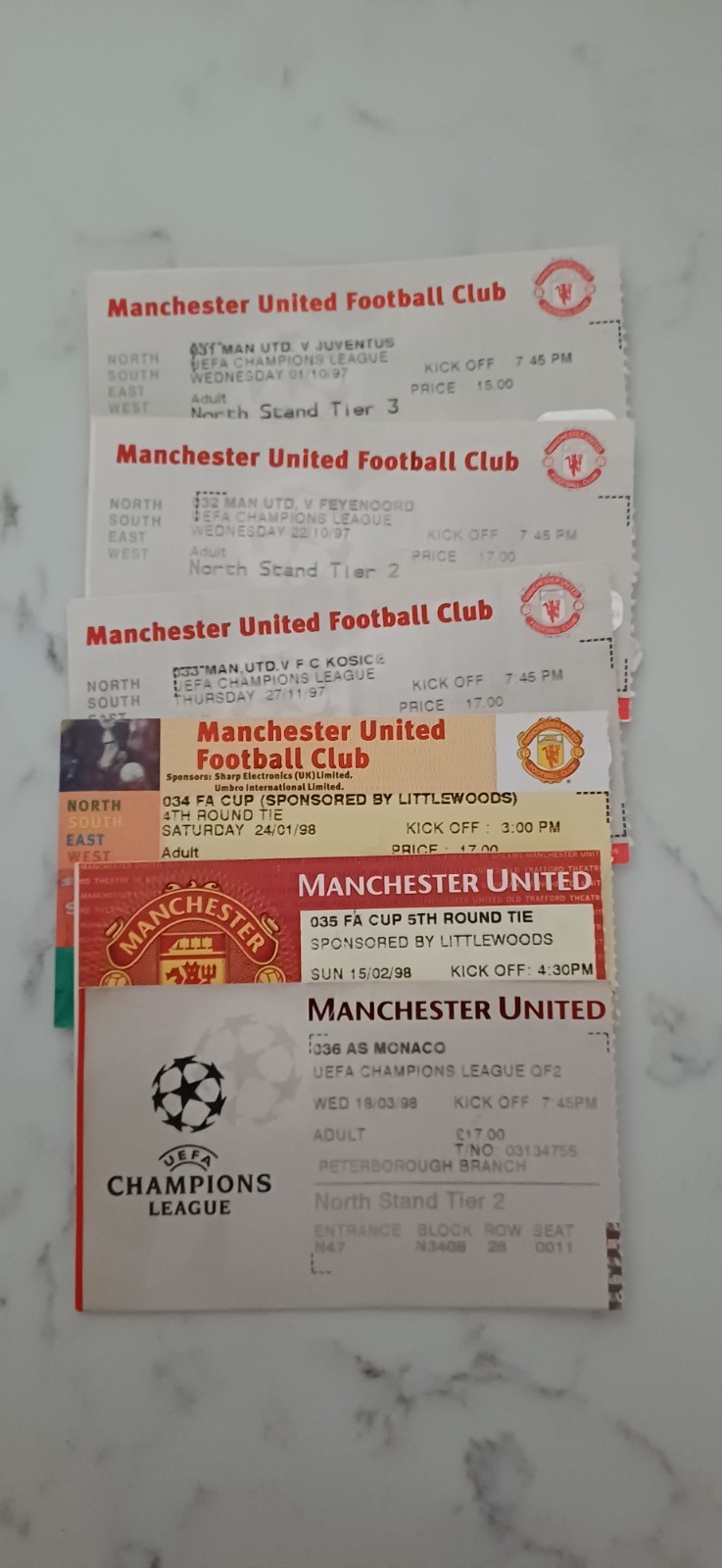 1997/1998 MANCHESTER UNITED PREMIER CUP HOME TICKETS x 6 (Set F) for sale on Ebay