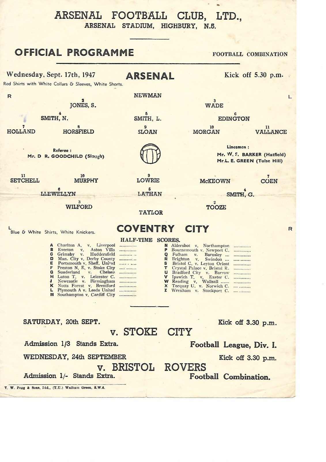 Arsenal Reserves v Coventry Combination  1947/48 for sale on Ebay