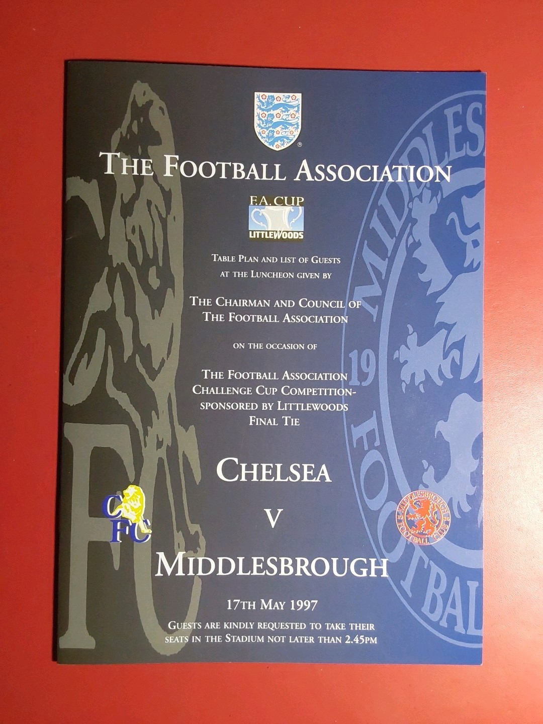 Luncheon By Chairman & Council Of The FA Chelsea v Middlesbrough Final 1997 for sale on Ebay