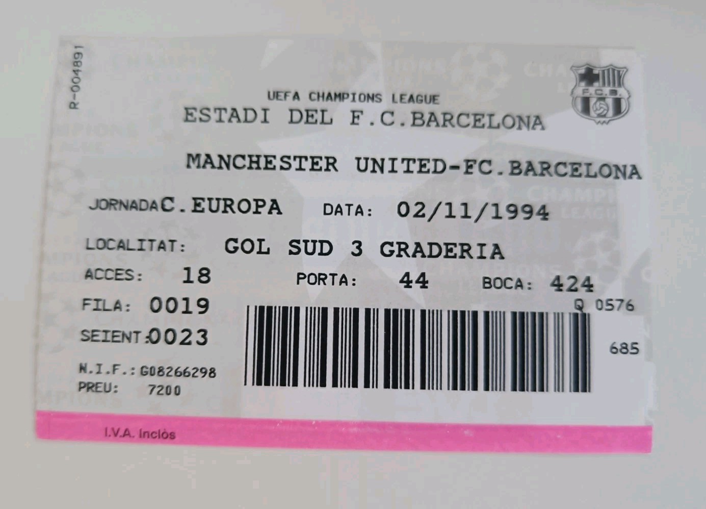 TICKET COLLECTORS: BARCELONA - MANCHESTER UNITED EUROPEAN CUP 1994 for sale on Ebay