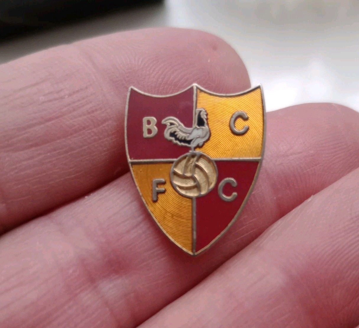VINTAGE BRADFORD CITY FOOTBALL B.C.F.C ENAMELED SHIELD ENAMEL PIN BADGE for sale on Ebay