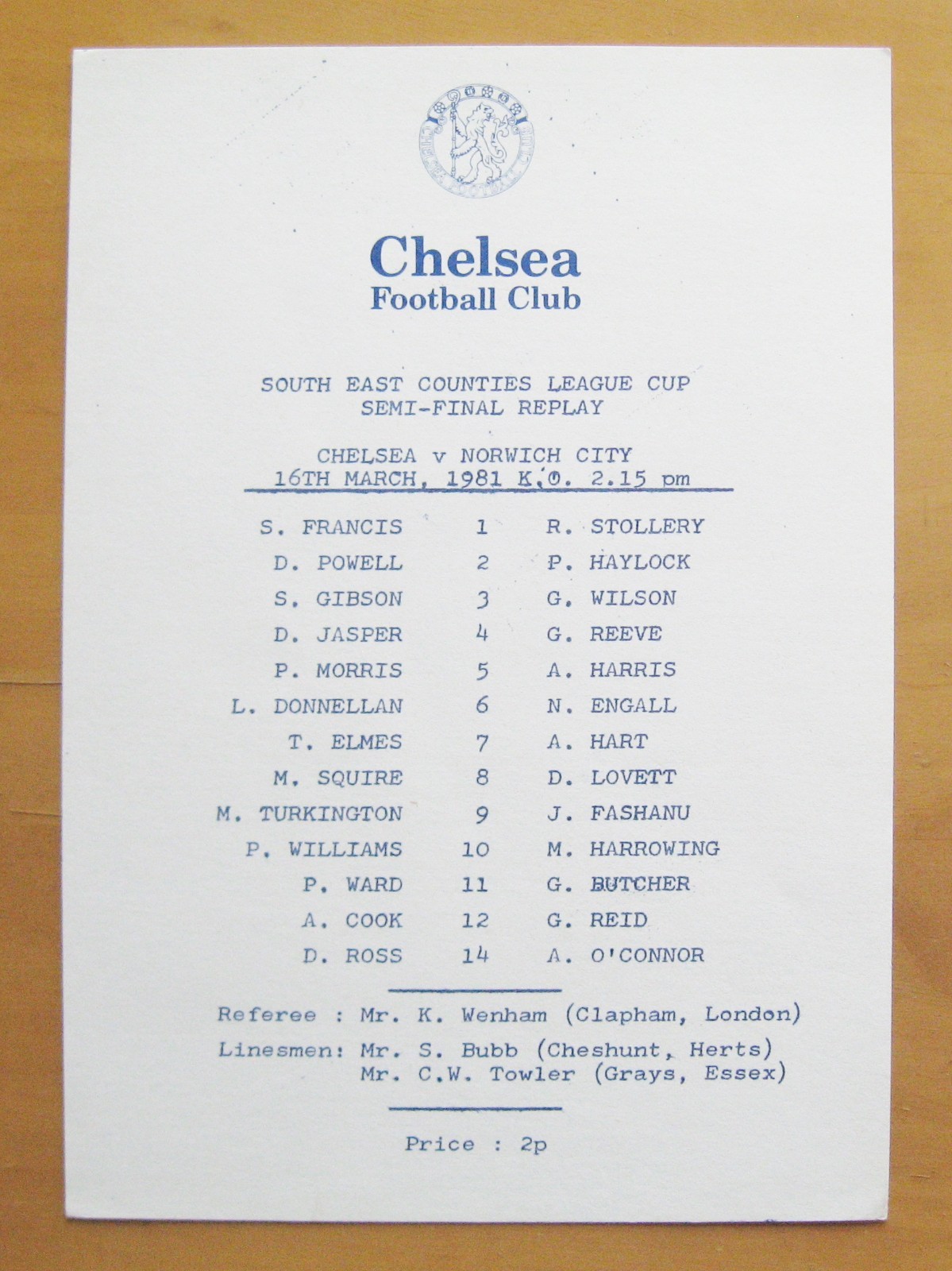 CHELSEA v NORWICH CITY South East Counties League Cup Semi Replay 1980/1981 for sale on Ebay
