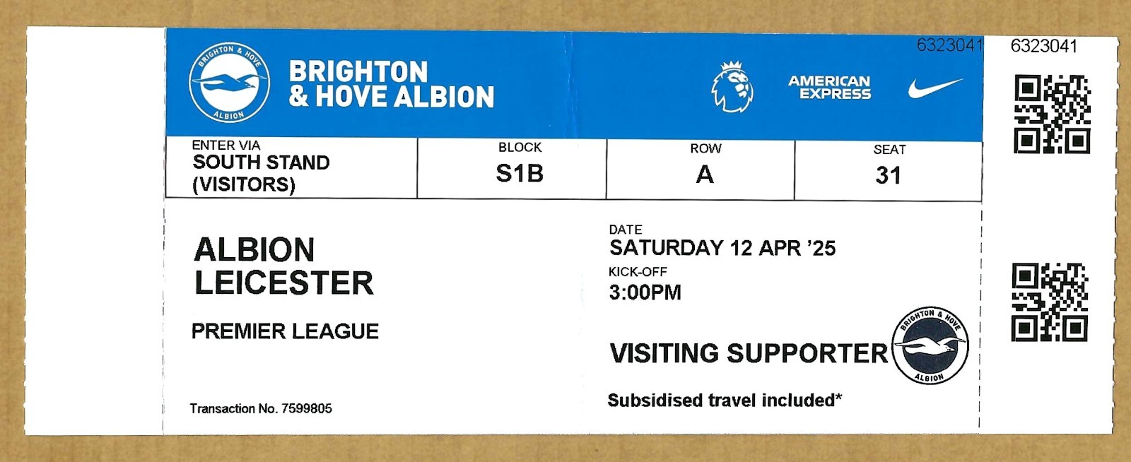 BRIGHTON & HOVE ALBION v LEICESTER CITY 12.04.25 PREMIER LEAGUE USED TICKET STUB for sale on Ebay