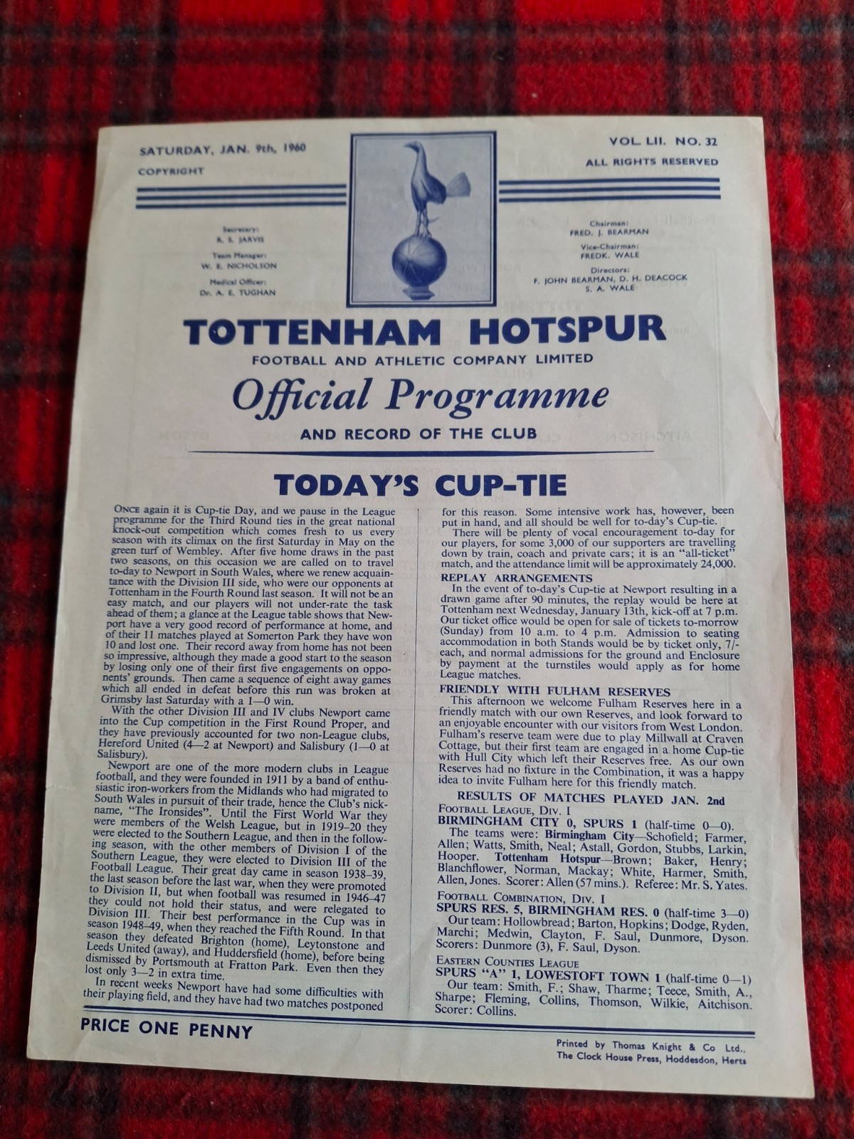 TOTTENHAMRESERVES V FULHAM RES. 1959-60 FRIENDLY for sale on Ebay