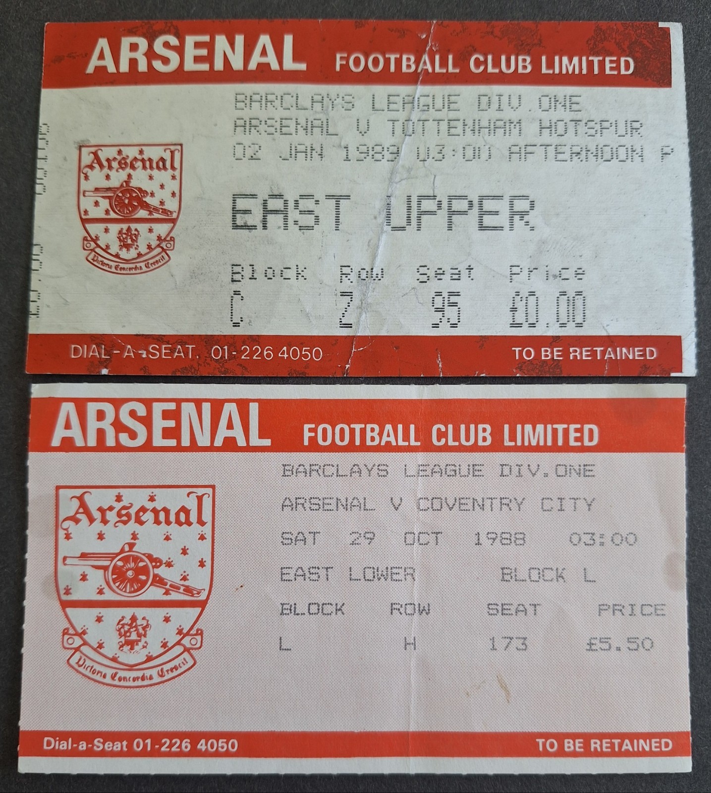 Arsenal versus Spurs and Coventry City Home Tickets From The 1988/89 Season for sale on Ebay