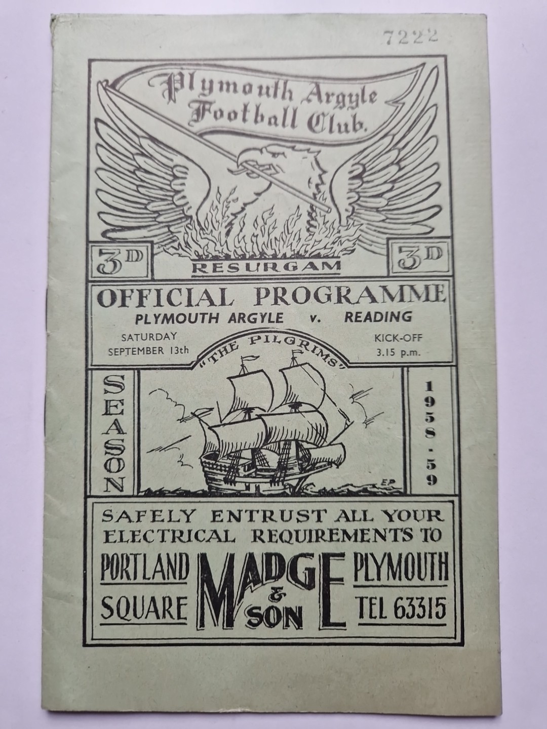 PLYMOUTH ARGYLE V READING FOOTBALL PROGRAMME 1958-59 for sale on Ebay