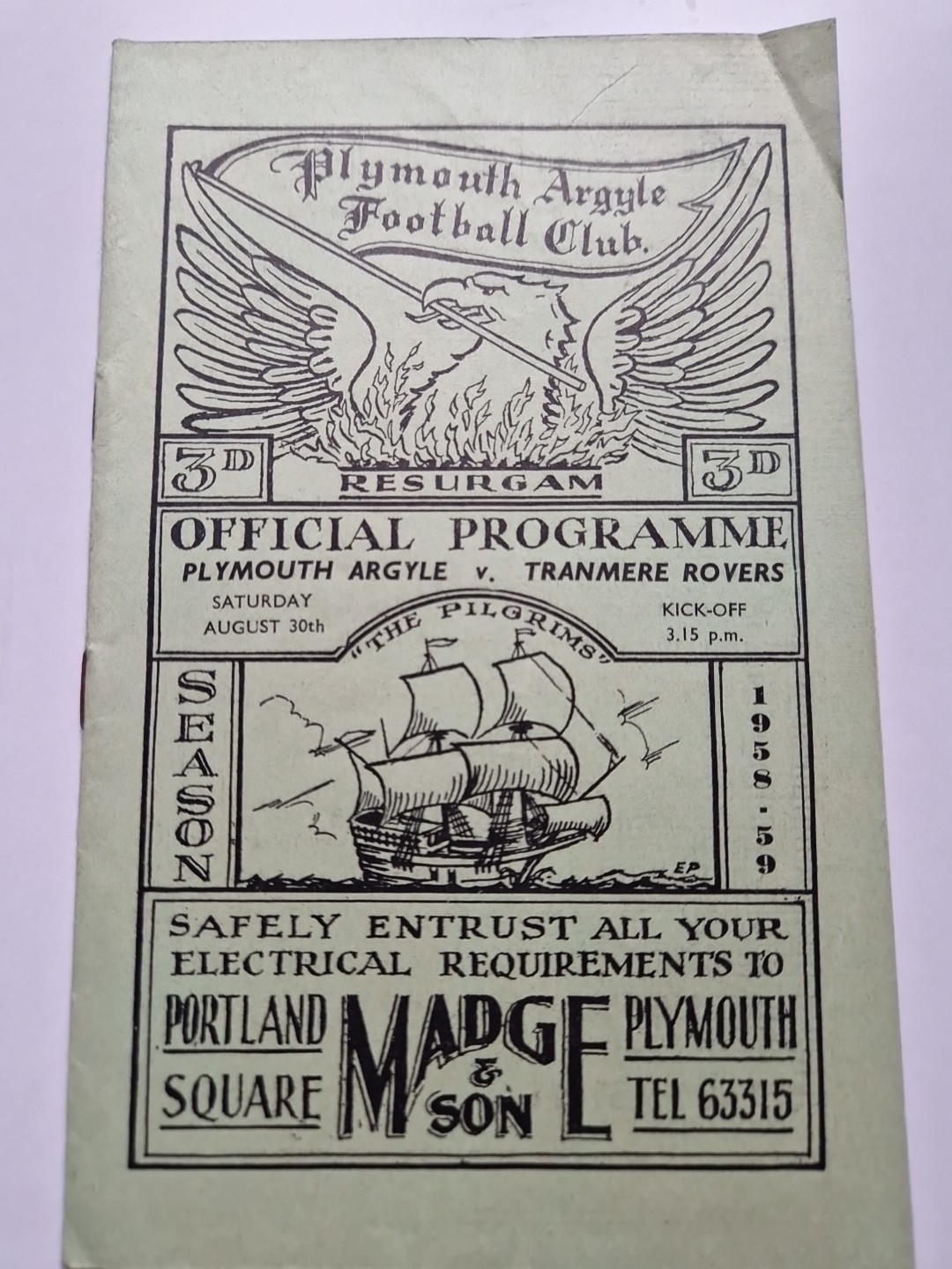 PLYMOUTH ARGYLE  V TRANMERE ROVERS  FOOTBALL PROGRAMME 1958-59 for sale on Ebay