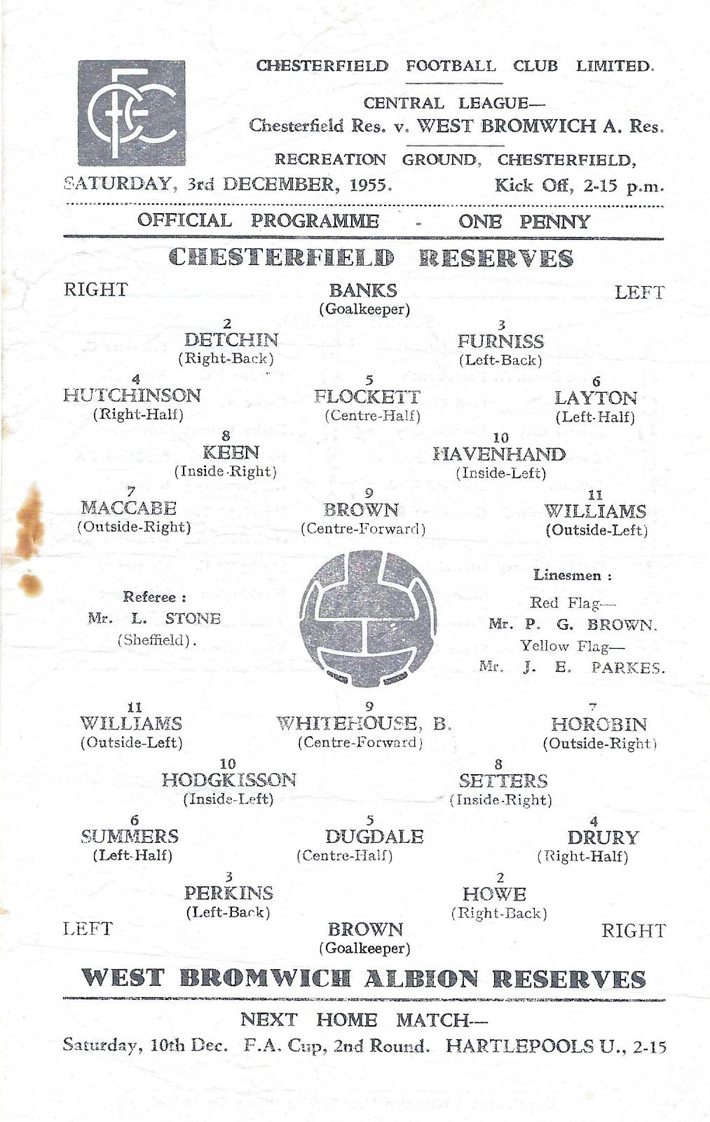 CHESTERFIELD V WEST BROMWICH ALBION RESERVES ~ 3 DECEMBER 1955 for sale on Ebay