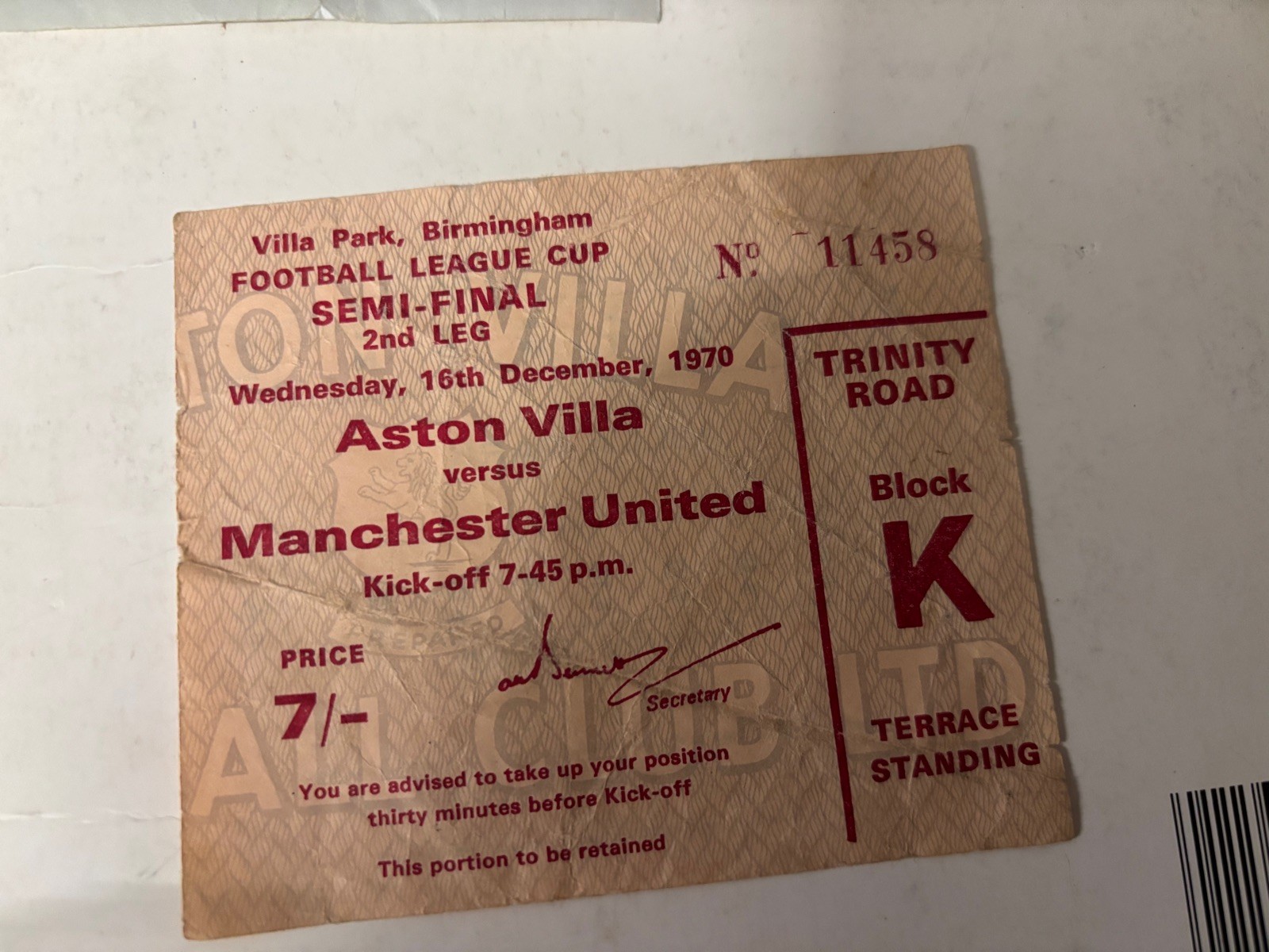 1970/71 ASTON VILLA V MANCHESTER UNITED MAN UTD LEAGUE CUP SEMI TICKET STUB for sale on Ebay