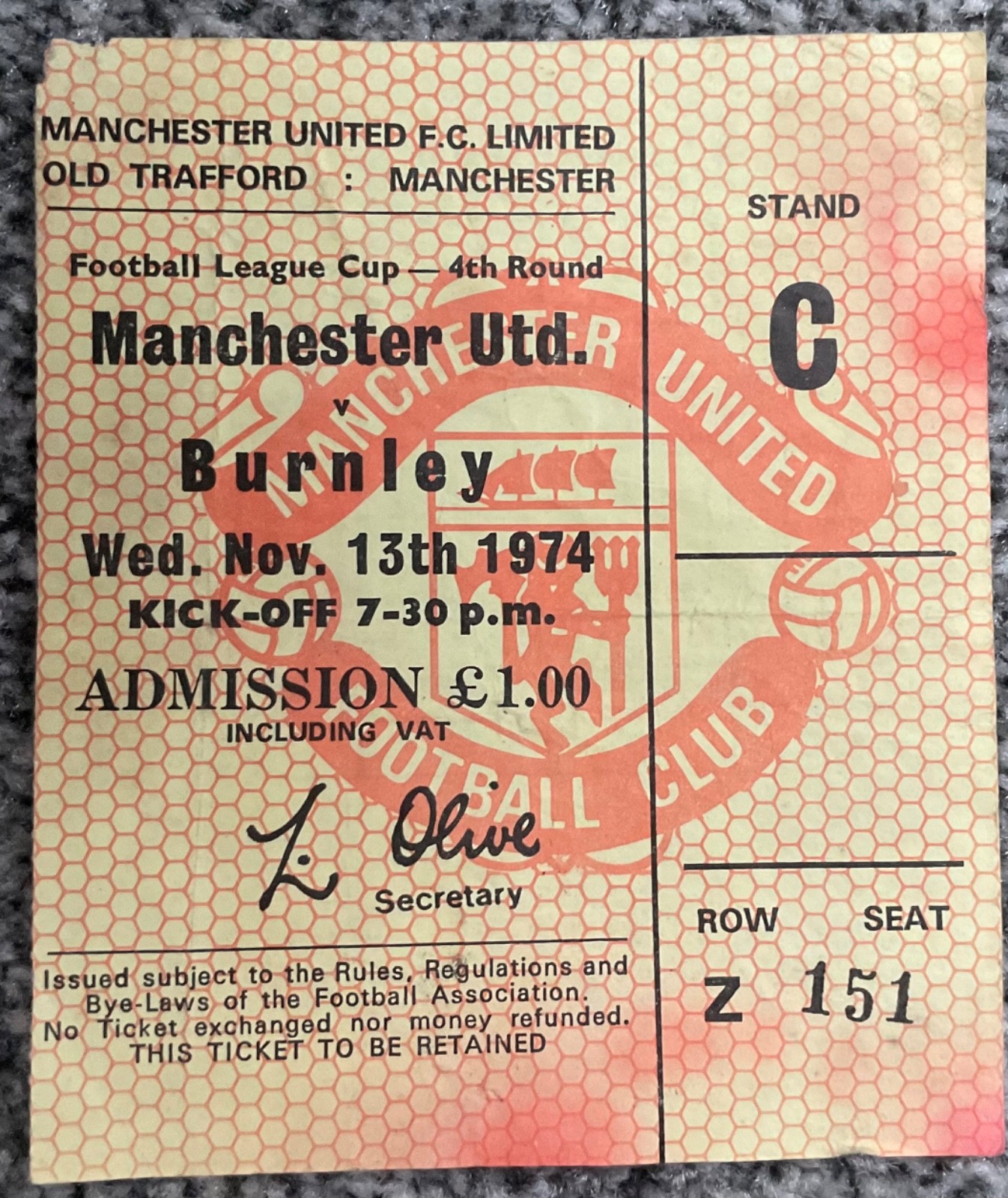 Ticket - Manchester United v Burnley (League Cup 4th Round) 1974/75  for sale on Ebay