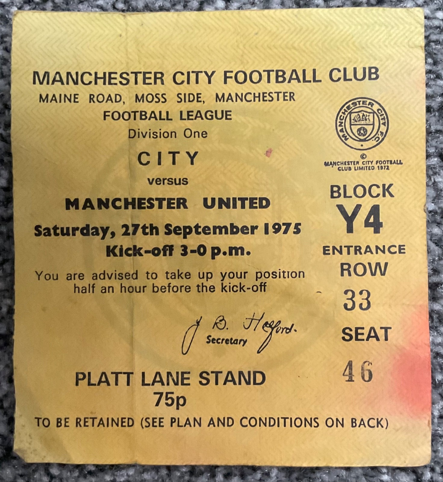 Ticket - Manchester City v Manchester United 1975/76  for sale on Ebay