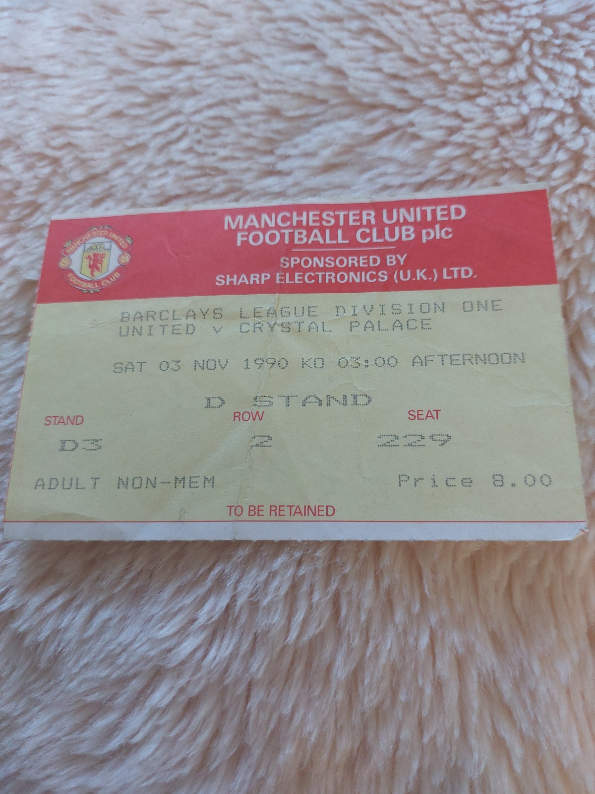 MANCHESTER UNITED v CRYSTAL PALACE FOOTBALL TICKET 3RD NOVEMBER 1990 for sale on Ebay