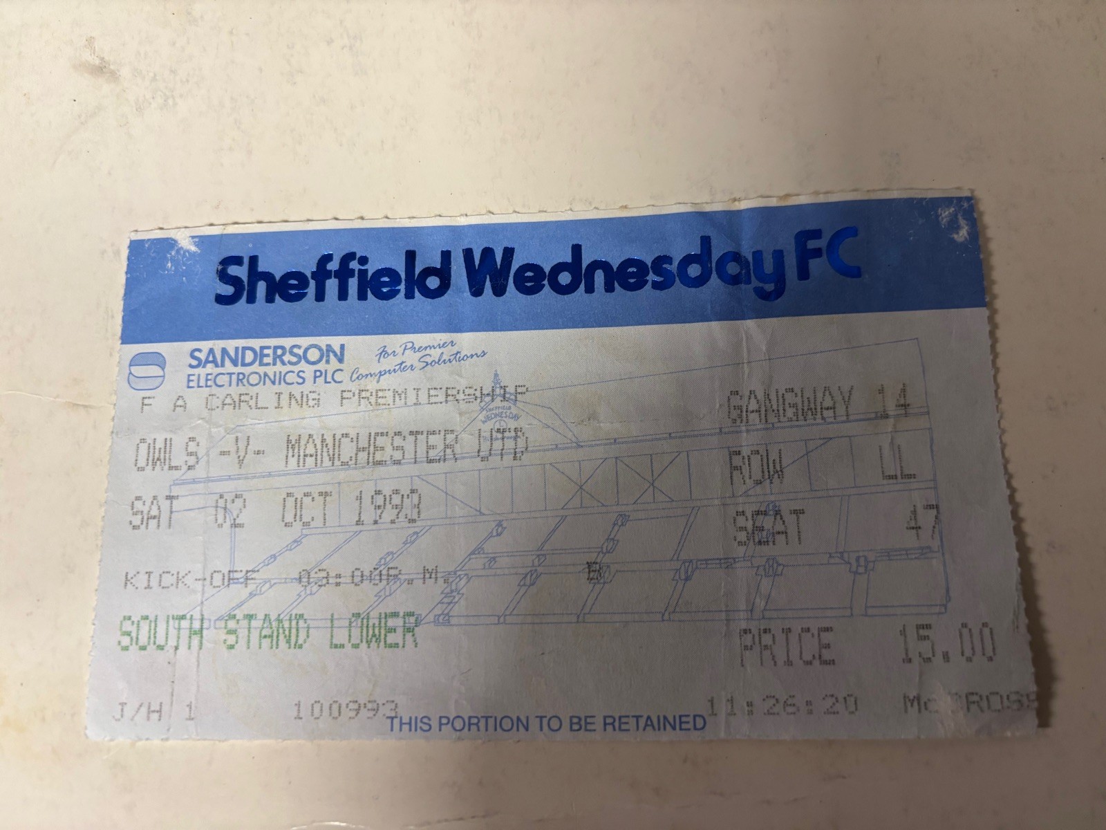 1993/94 PREMIER LGE TICKET STUB SHEFFIELD WEDNESDAY V MANCHESTER UNITED MAN UTD for sale on Ebay