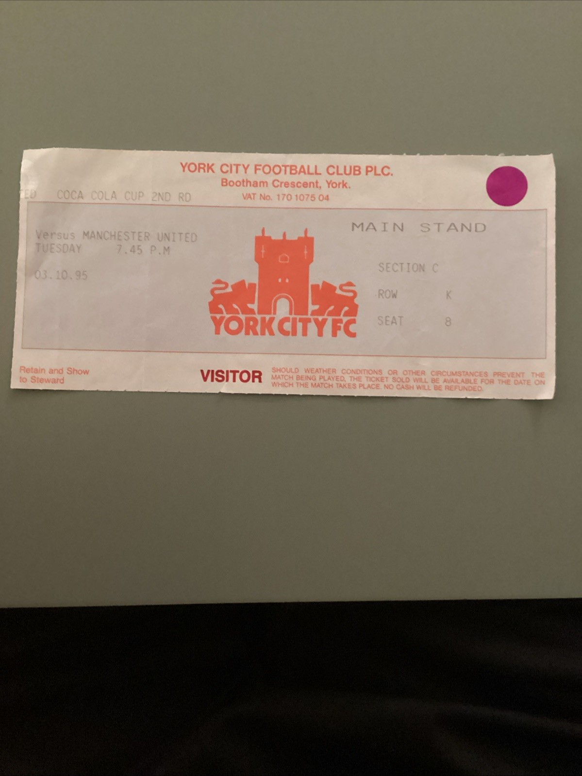York City v Manchester United 1995/96 League Cup Match Ticket for sale on Ebay