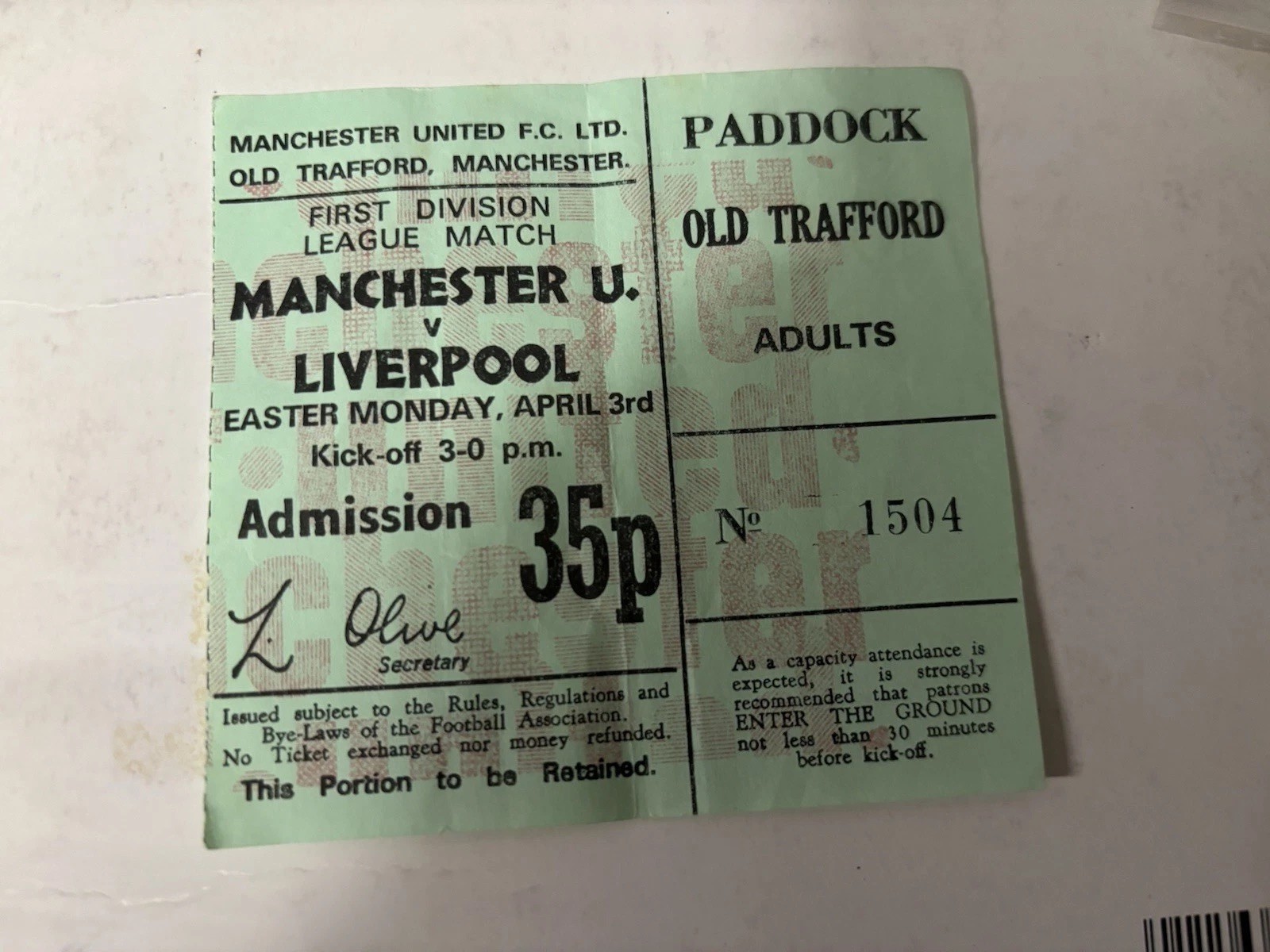 1971/72 MANCHESTER UNITED MAN UTD V LIVERPOOL DIVISION ONE TICKET STUB for sale on Ebay