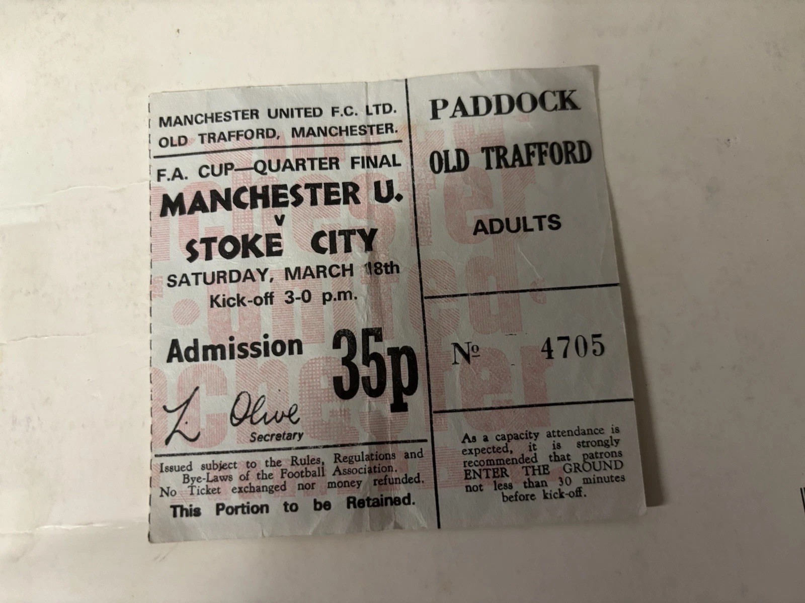 1971/72 MANCHESTER UNITED MAN UTD V STOKE CITY FA CUP SIXTH ROUND TICKET STUB for sale on Ebay