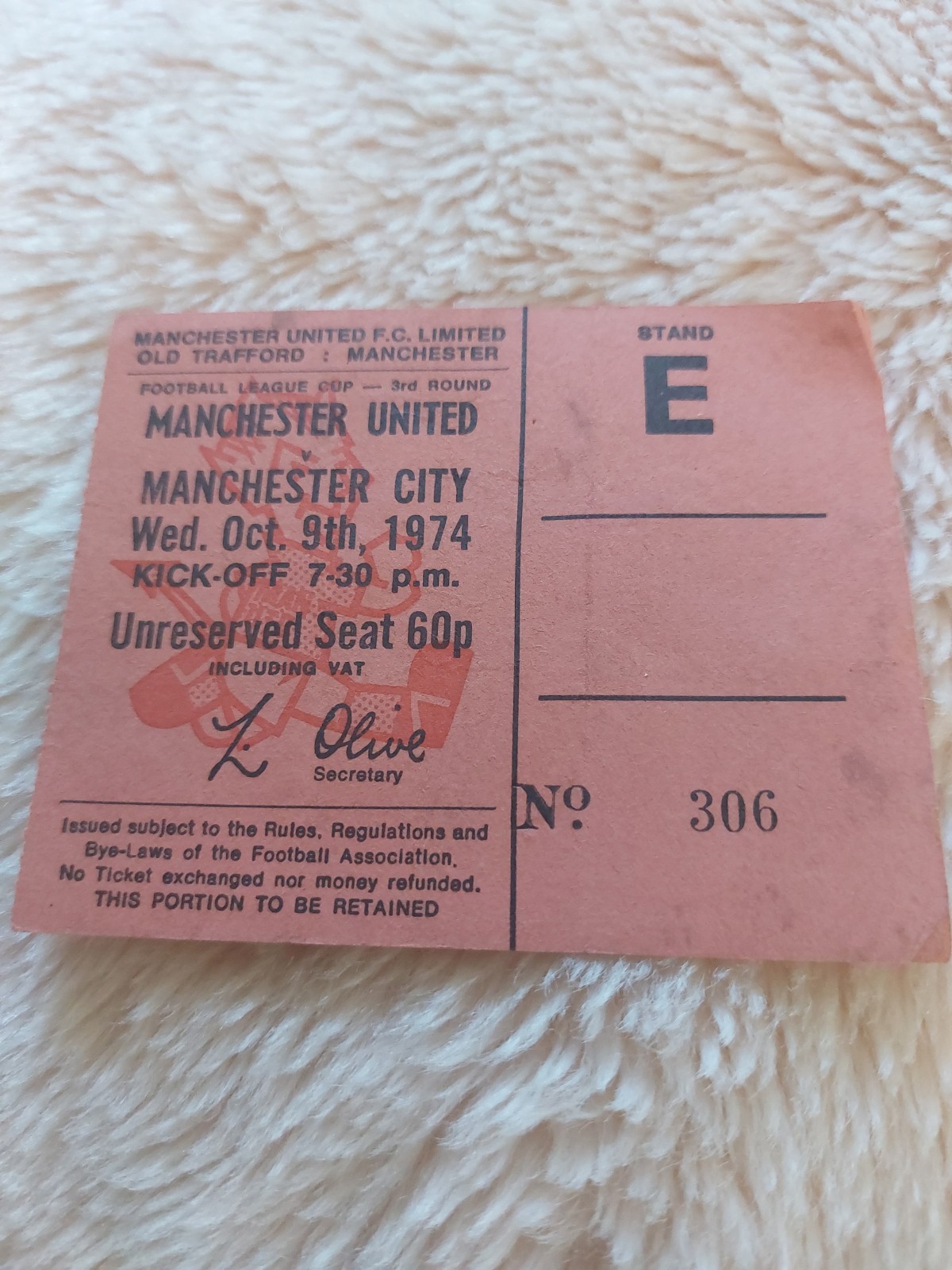 VINTAGE MANCHESTER UNITED v MANCHESTER CITY LEAGUE CUP FOOTBALL TICKET OCT 1974 for sale on Ebay